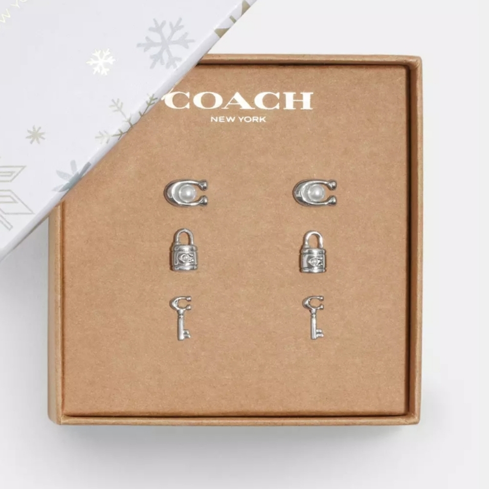 Coach Signature Logo lock and Key Silver Stud Earring Set